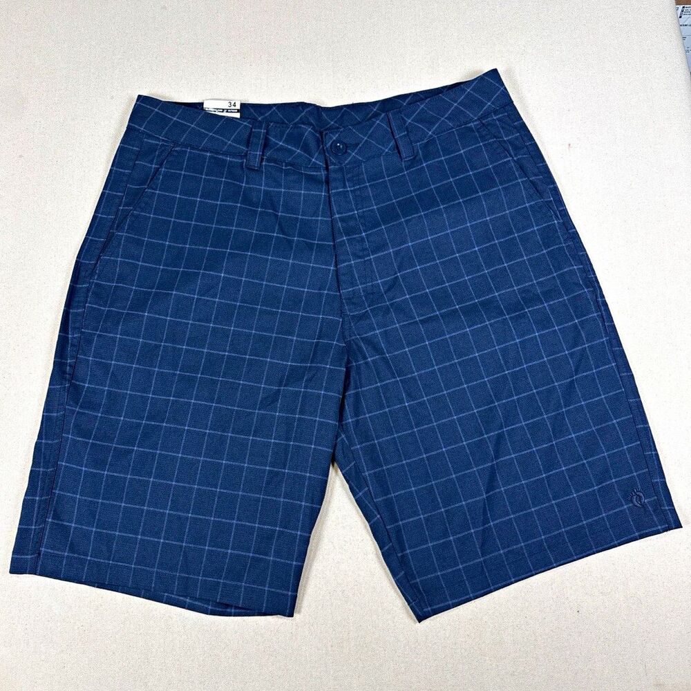 HANG TEN Shorts Mens 34 Blue Grid Windowpane Plaid Hybrid Golf Walk Stretch NWT